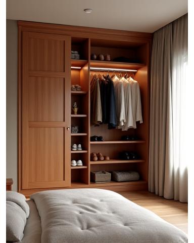 Inbouwkast in slaapkamer met warme houten afwerking